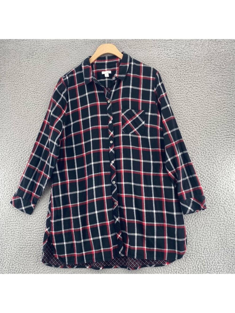 J Jill Shirt Women Large Black Red Plaid Cotton Collared Button Up Tunic Pocket*